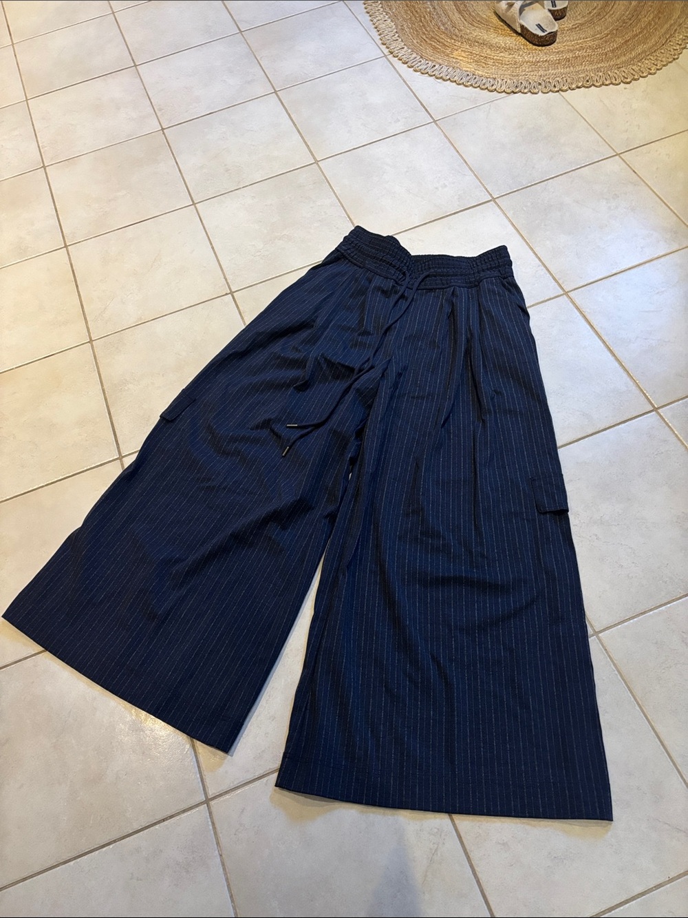 Maeve Wide-Leg Pinstripe Drawstring Pants in Navy - Picture 11 of 13